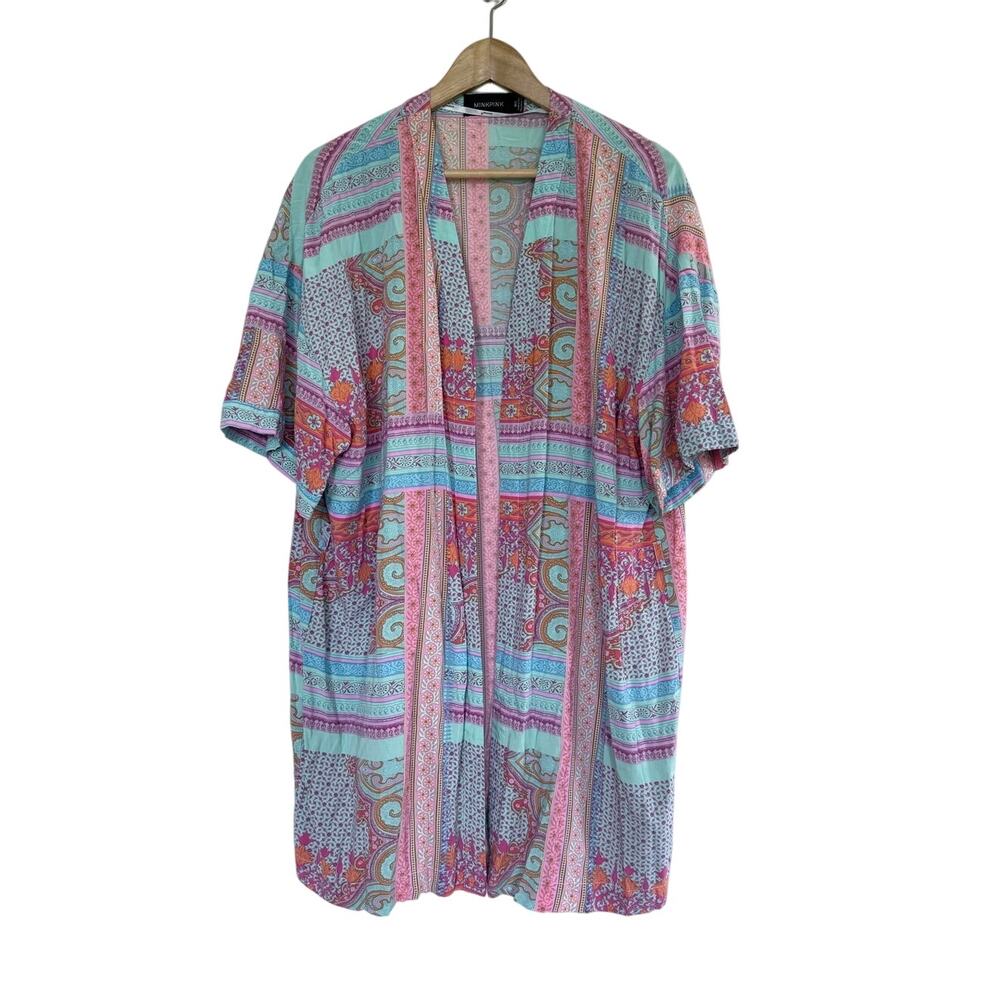 MINKPINK mink pink blue pink orange colorful artsy open front robe kimono top
